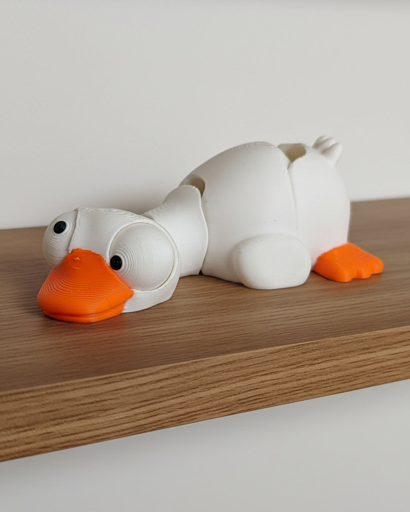 Närbild av en mini-flexigås med stora rörliga googlyögon mot vit bakgrund
