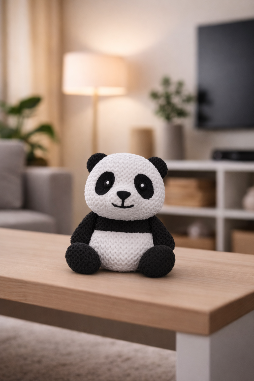 Närbild av den fluffiga stickade texturen på pandan