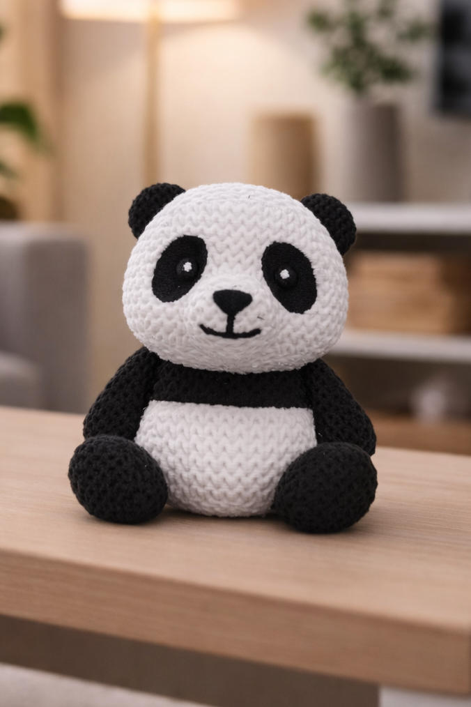 Svartvit 3D-printad pandafigur som sitter upprätt, ca 8 cm hög