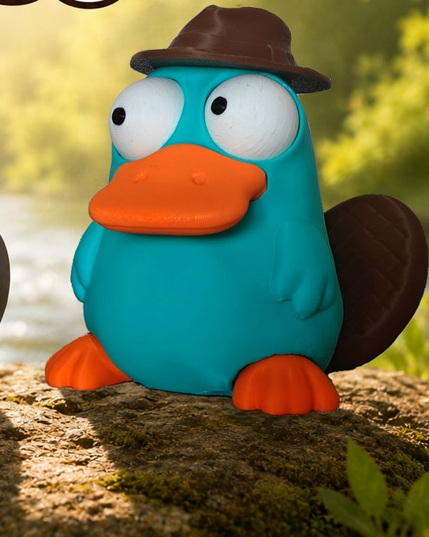 Närbild av en rolig näbbdjursfigur med stora rörliga googlyögon mot vit bakgrund