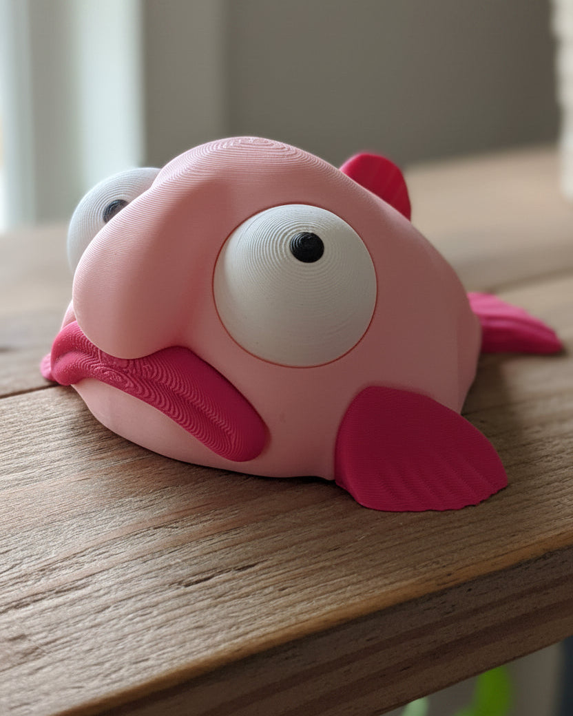 Blobfiskfigur med rörliga googlyögon, framifrån mot vit bakgrund