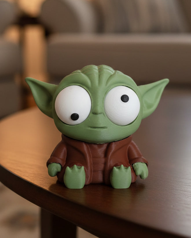 Tokig Yoda-figur med rörliga ögon och stora öron, framifrån