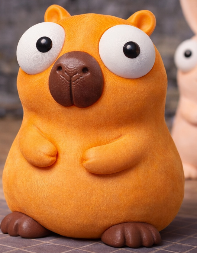 Kapybarafigur med stora rörliga googlyögon, framifrån mot vit bakgrund