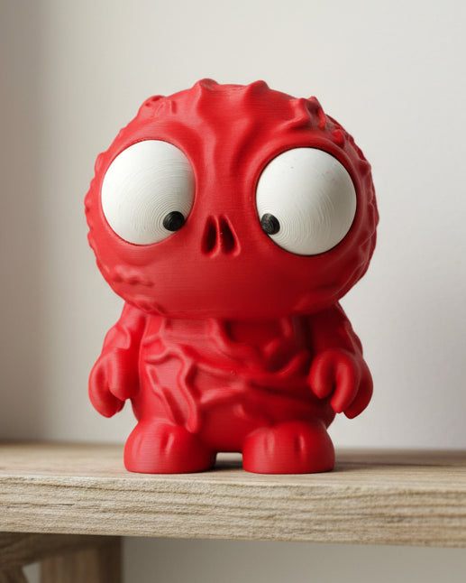 Vecna-figur från Stranger Things med rörliga ögon på ett skrivbord bredvid ett tangentbord