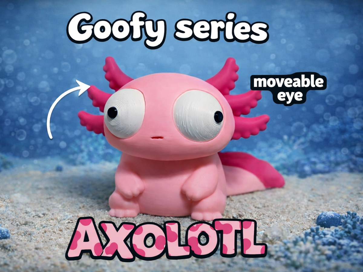 Tokig axolotlfigur med stora rörliga ögon, framifrån