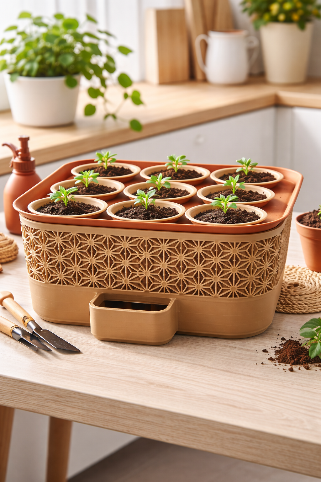 Självvattnande såbricka med nio krukor och geometriskt mönster