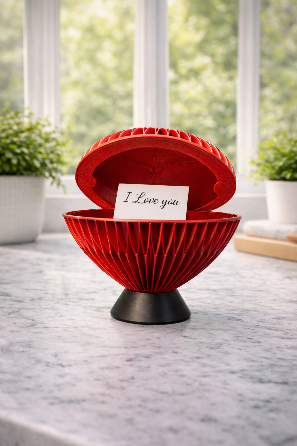 Röd hjärtformad förvaringsask med elegant räfflad design och svart botten