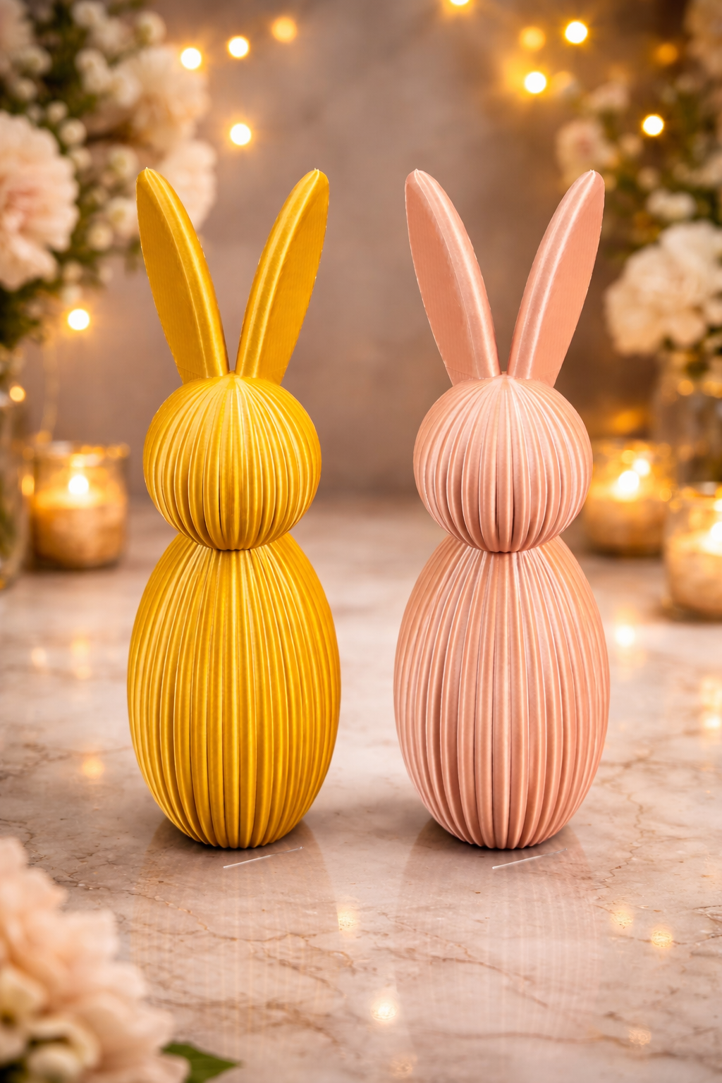 Modern påskharefigur på 16 cm i rosé med elegant räfflad design