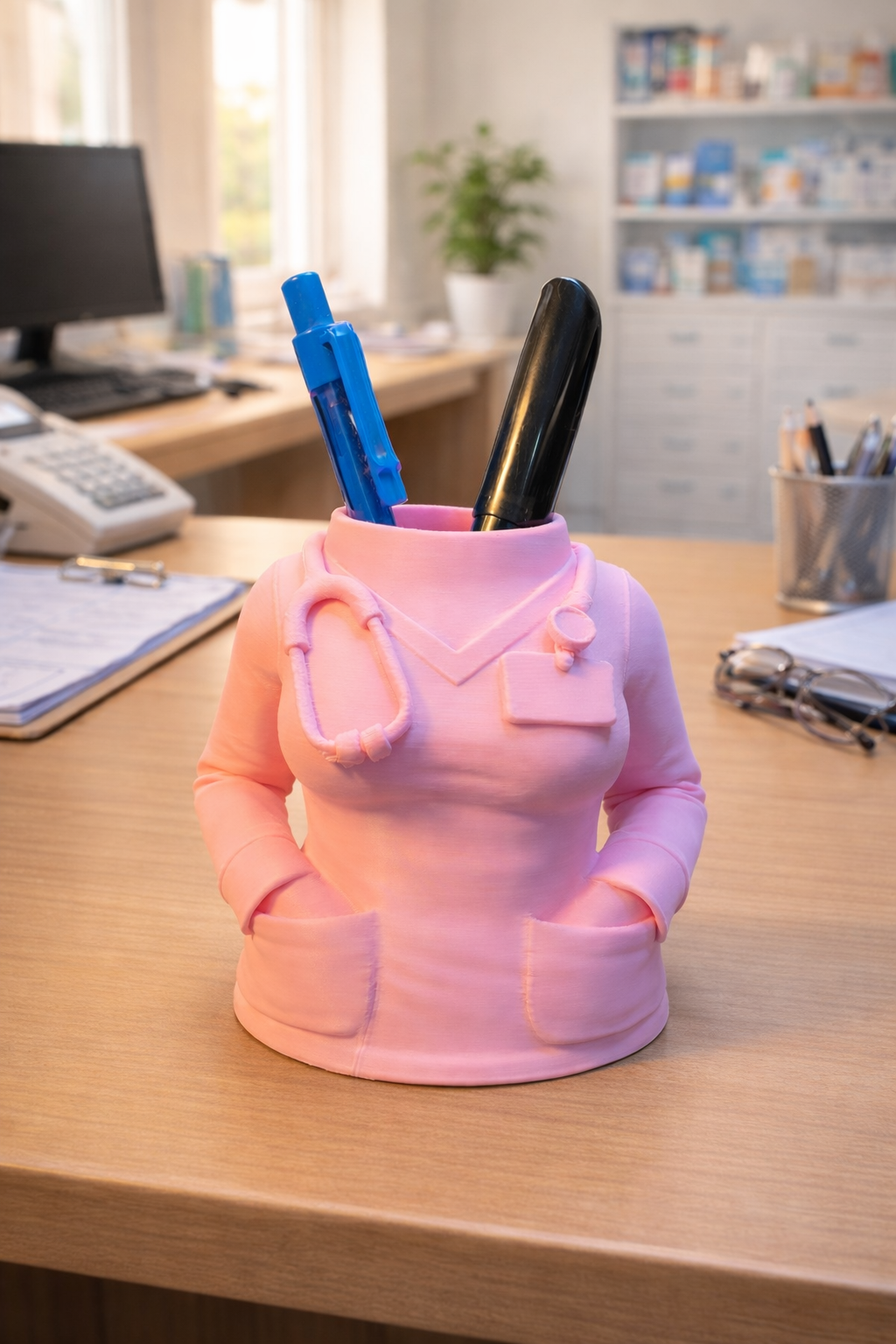 Pennhållare formad som en sjuksköterska i rosa design