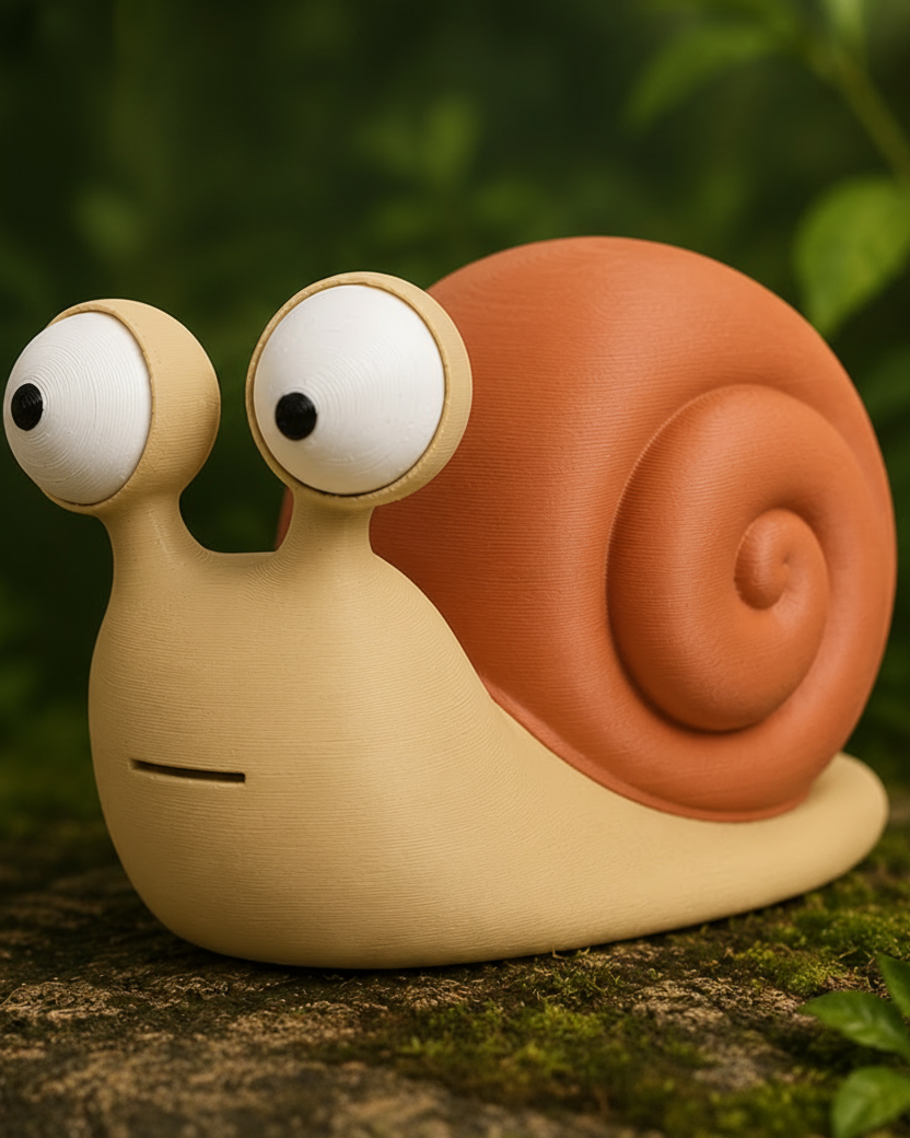 Närbild av en rolig snigelfigur med stora rörliga googlyögon mot vit bakgrund