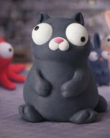 Närbild av en knubbig vit kattfigur med stora rörliga googlyögon