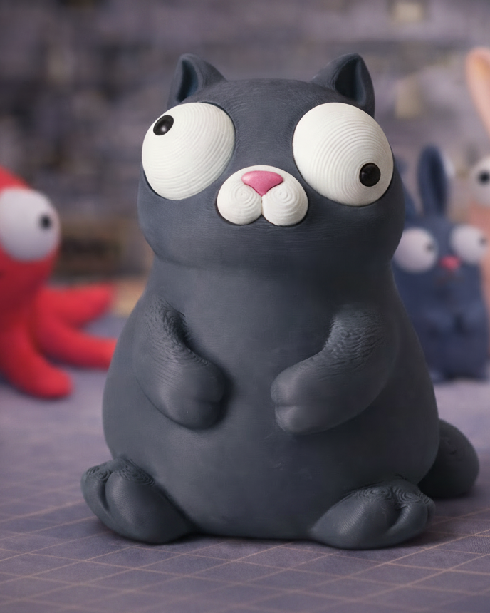 Närbild av en knubbig vit kattfigur med stora rörliga googlyögon