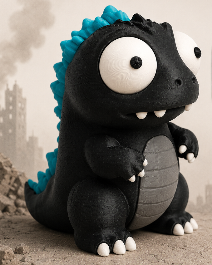 Kaiju-dinomonsterfigur med stora rörliga ögon, framifrån