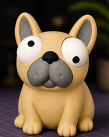 Närbild av Goofy Frenchie – fransk bulldoggfigur med stora rörliga googlyögon
