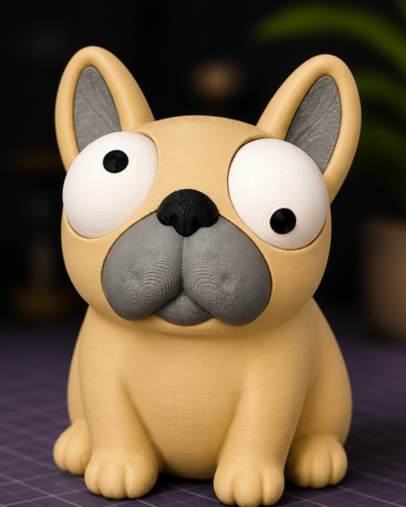 Närbild av Goofy Frenchie – fransk bulldoggfigur med stora rörliga googlyögon