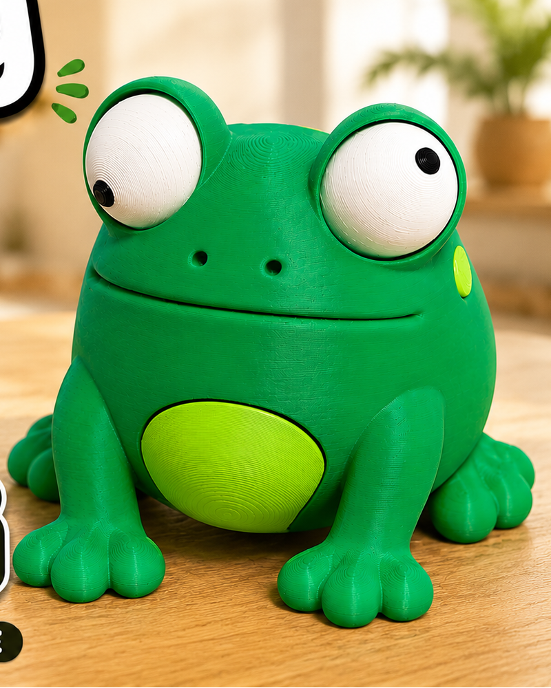 Närbild av en rolig grodfigur med stora rörliga googlyögon mot vit bakgrund