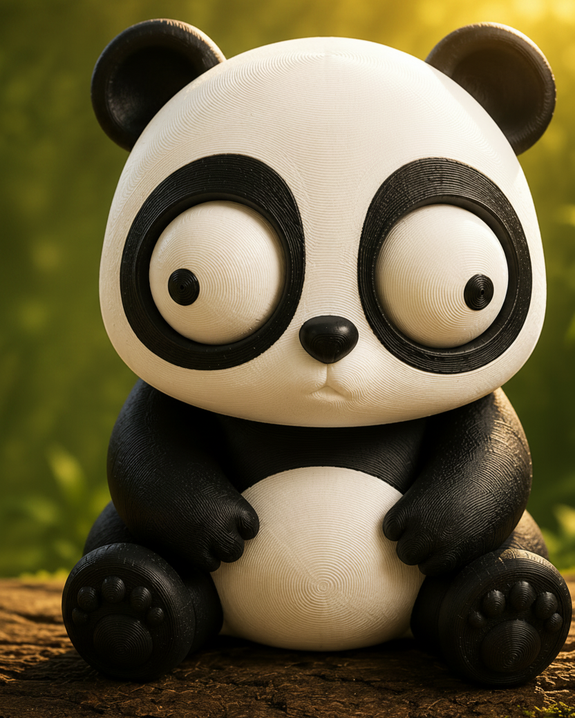 Närbild av en svartvit pandafigur med stora rörliga googlyögon mot vit bakgrund