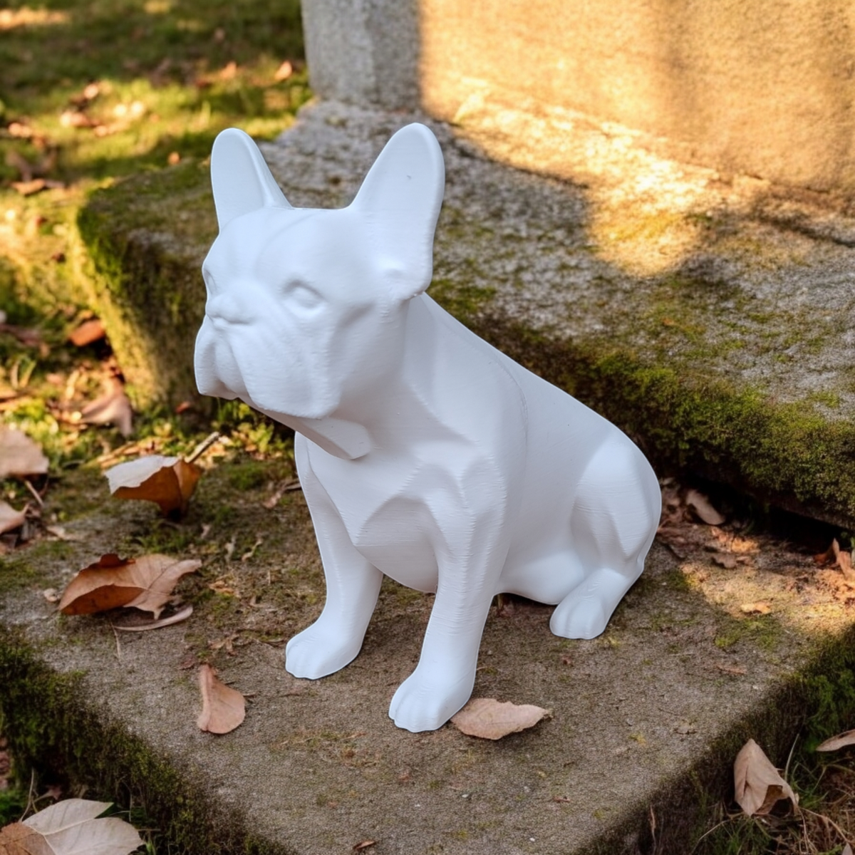Närbild av fransk bulldogg-skulpturens ansikte och hållning, slät yta