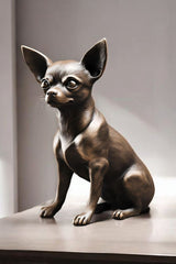 Närbild av en minimalistisk chihuahuaskulptur med ren profil och vaken hållning