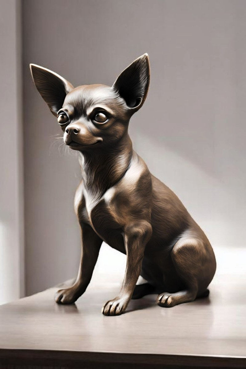 Närbild av en minimalistisk chihuahuaskulptur med ren profil och vaken hållning