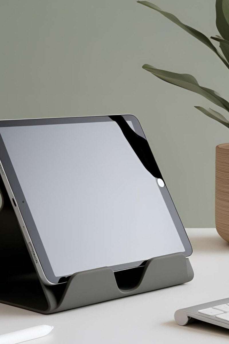 Minimalistiskt vitt iPad-ställ med vinklad design och stabil fot