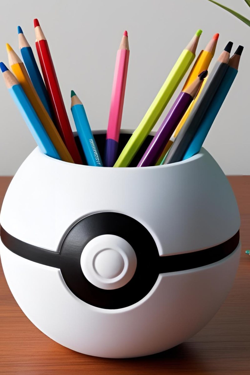 Röd och vit Pokéball-pennhållare med pennor i, närbild