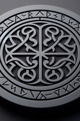 Närbild av ett keltiskt runstensunderlägg med detaljerade runor och ornament