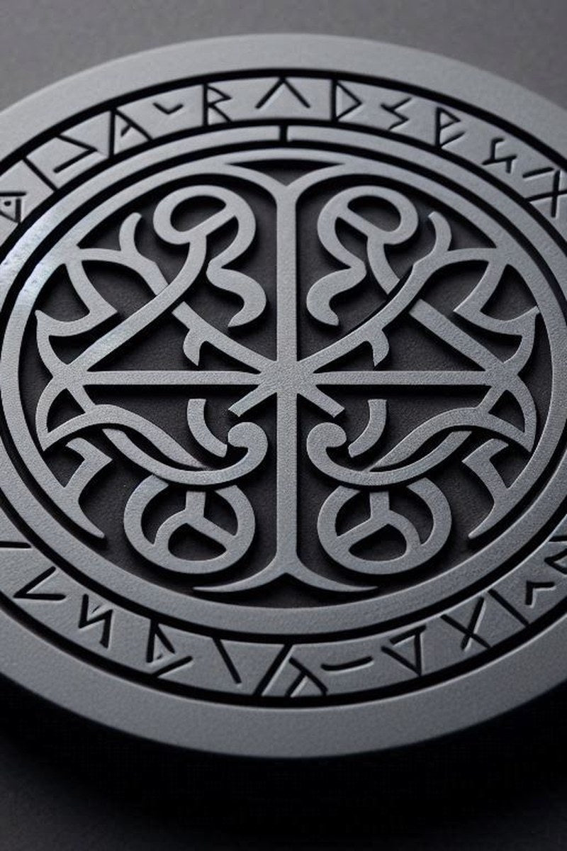 Närbild av ett keltiskt runstensunderlägg med detaljerade runor och ornament