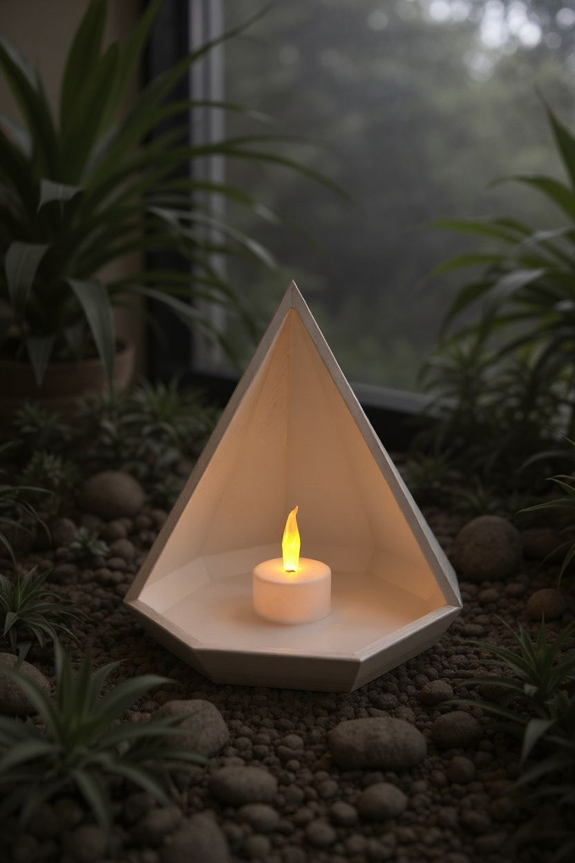 Geometrisk pyramidskål på nattduksbord med värmeljus och smycken