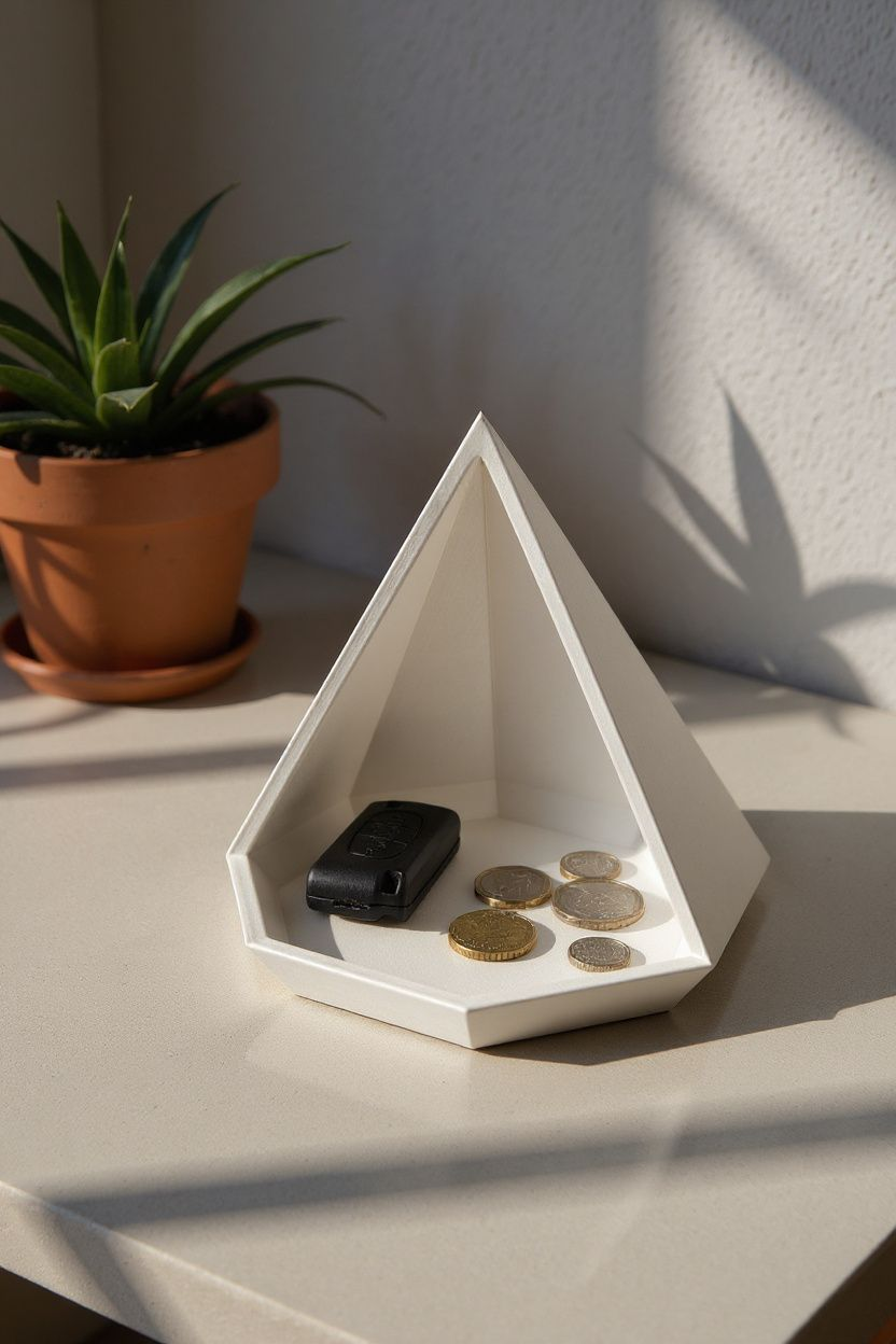 Närbild av en geometrisk pyramidbricka med fasetterade vinklar och åttakantig botten