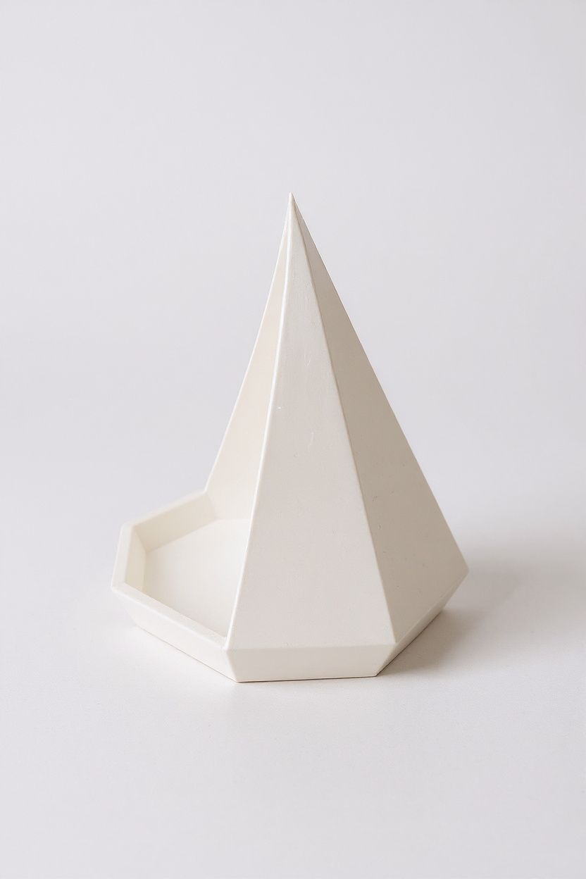 Närbild av en geometrisk pyramidbricka med fasetterade vinklar och åttakantig botten