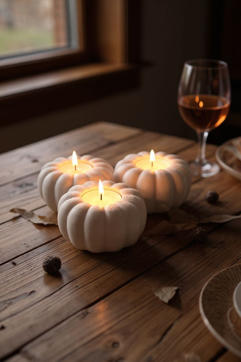 Höstlig pumpaljushållare med tända värmeljus på en trähylla