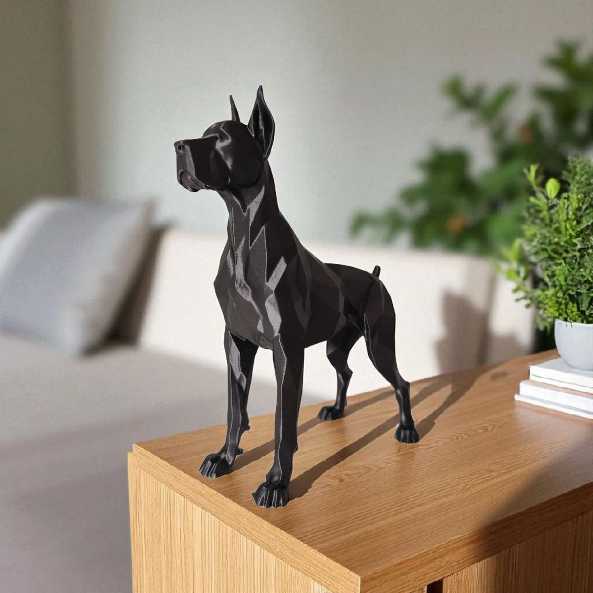 Low poly-skulptur av en grand danois med facetterad yta och markant profil
