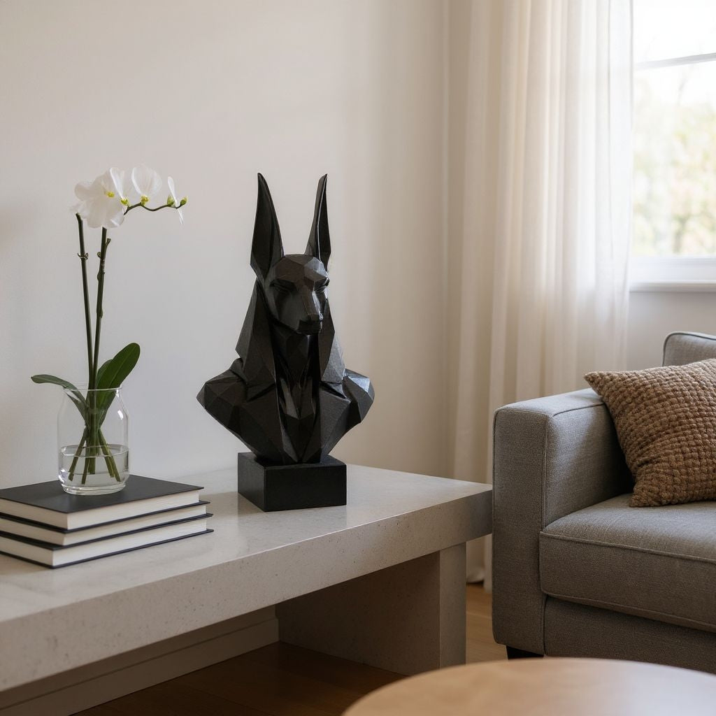 Low poly-byst av Anubis på en hylla i minimalistisk miljö