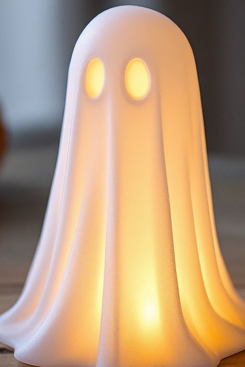 Vit halloweenspökdekoration med ett mjukt lysande LED-värmeljus