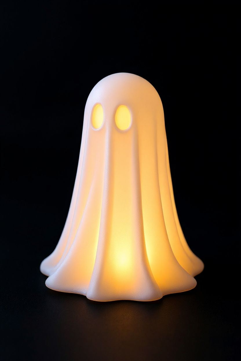 Vit halloweenspökdekoration med ett mjukt lysande LED-värmeljus