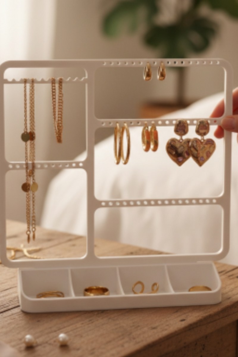 Minimalistisk smyckeshållare med örhängen, ringar och halsband i ren vit design