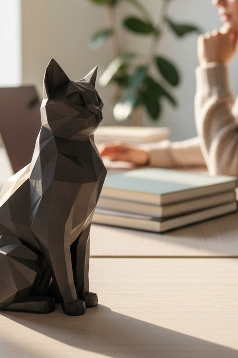 Närbild av en low poly-kattskulptur med geometriska fasetter och vinklar