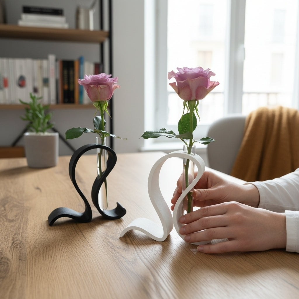 Minimalistisk provrörsvas med en enda grön stjälk i skandinavisk miljö