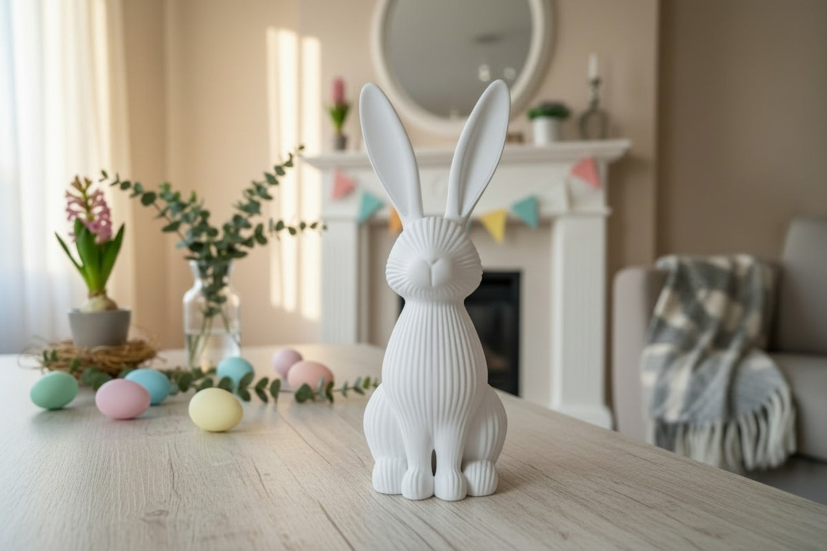 Modern påskhare som dekoration på en neutral hylla med minimalistisk styling