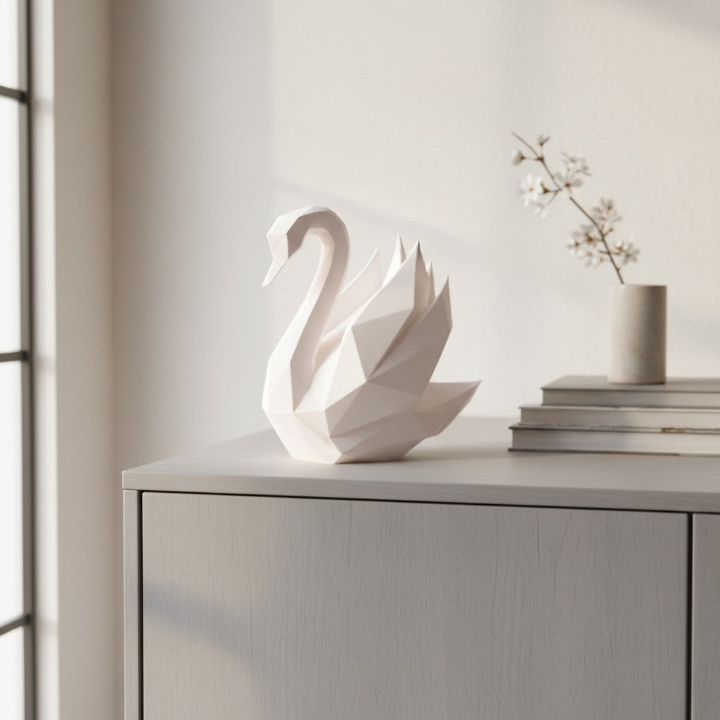Vit low poly-svanskulptur med kantig geometrisk form, närbild