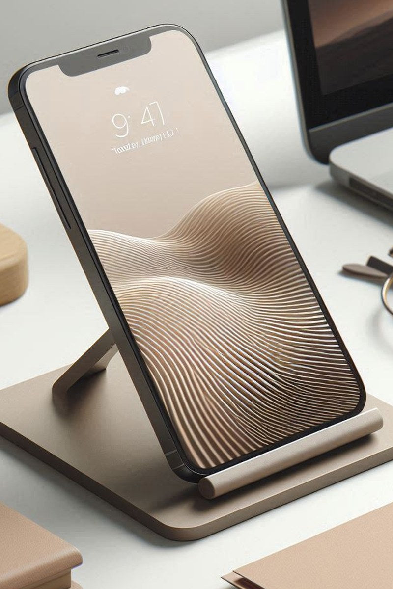 Minimalistiskt mobilställ i närbild med vinklat stöd som håller en telefon upprätt