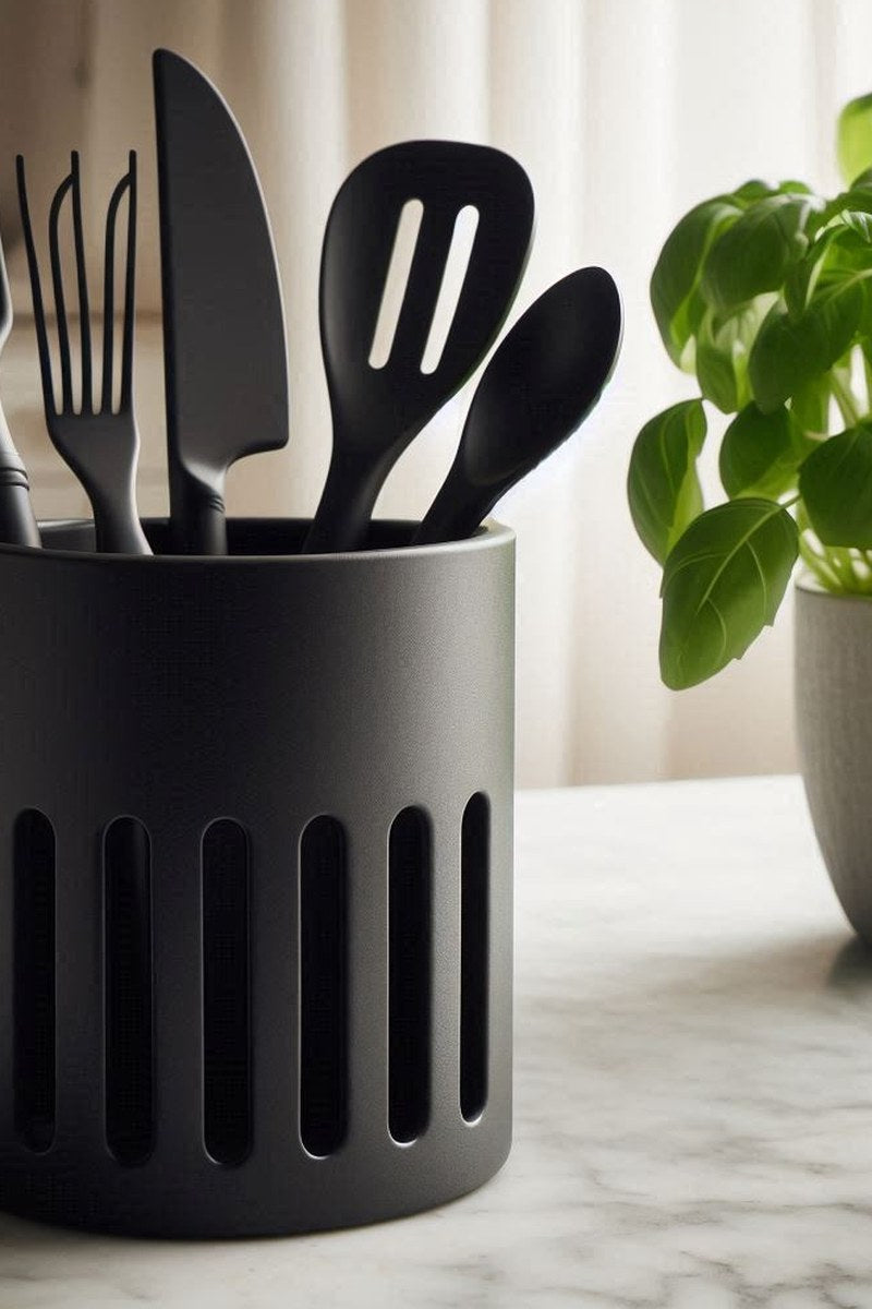 Minimalistisk hållare för köksredskap med träslev och köksredskap