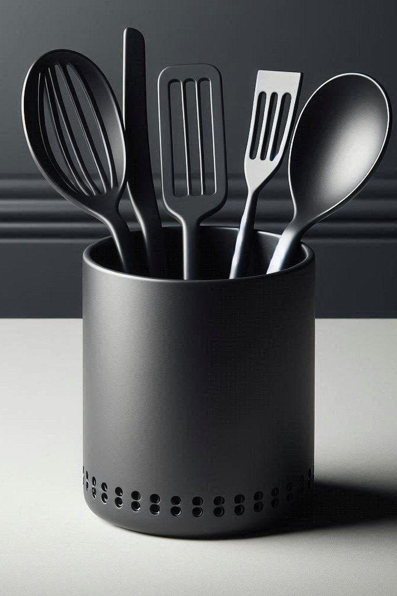 Minimalistisk hållare för köksredskap i matt finish, närbild framifrån