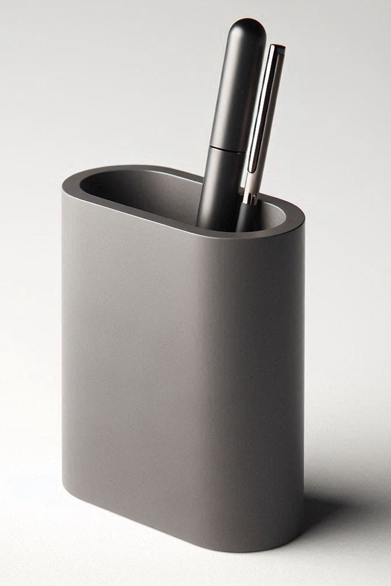 Närbild av en minimalistisk pennhållare med vertikala räfflor