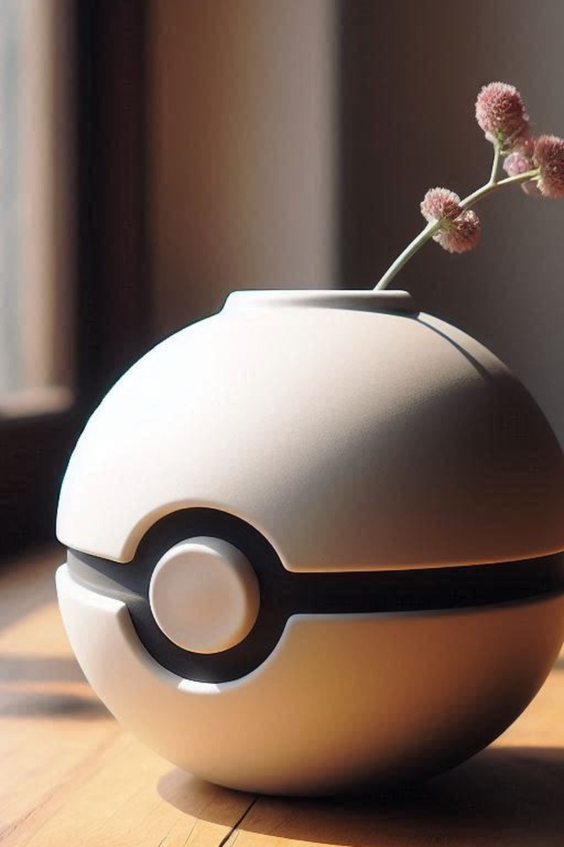 Röd och vit Pokéball-vas i närbild med den runda geometriska designen