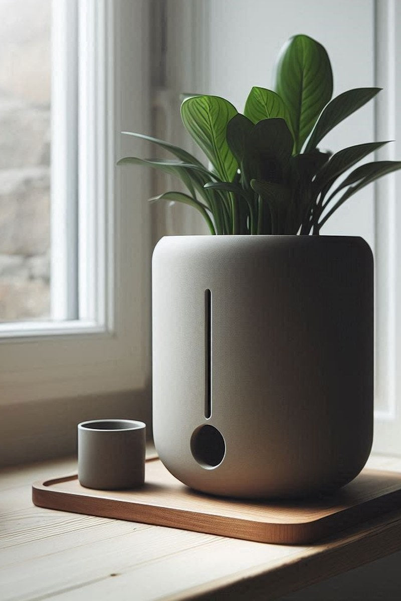 Minimalistisk rund självbevattnande kruka med inbyggd vattenbehållare, närbild