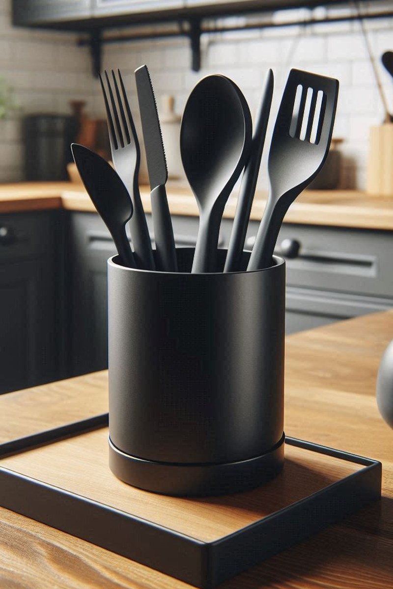 Minimalistisk hållare för köksredskap med ren geometrisk design, framifrån