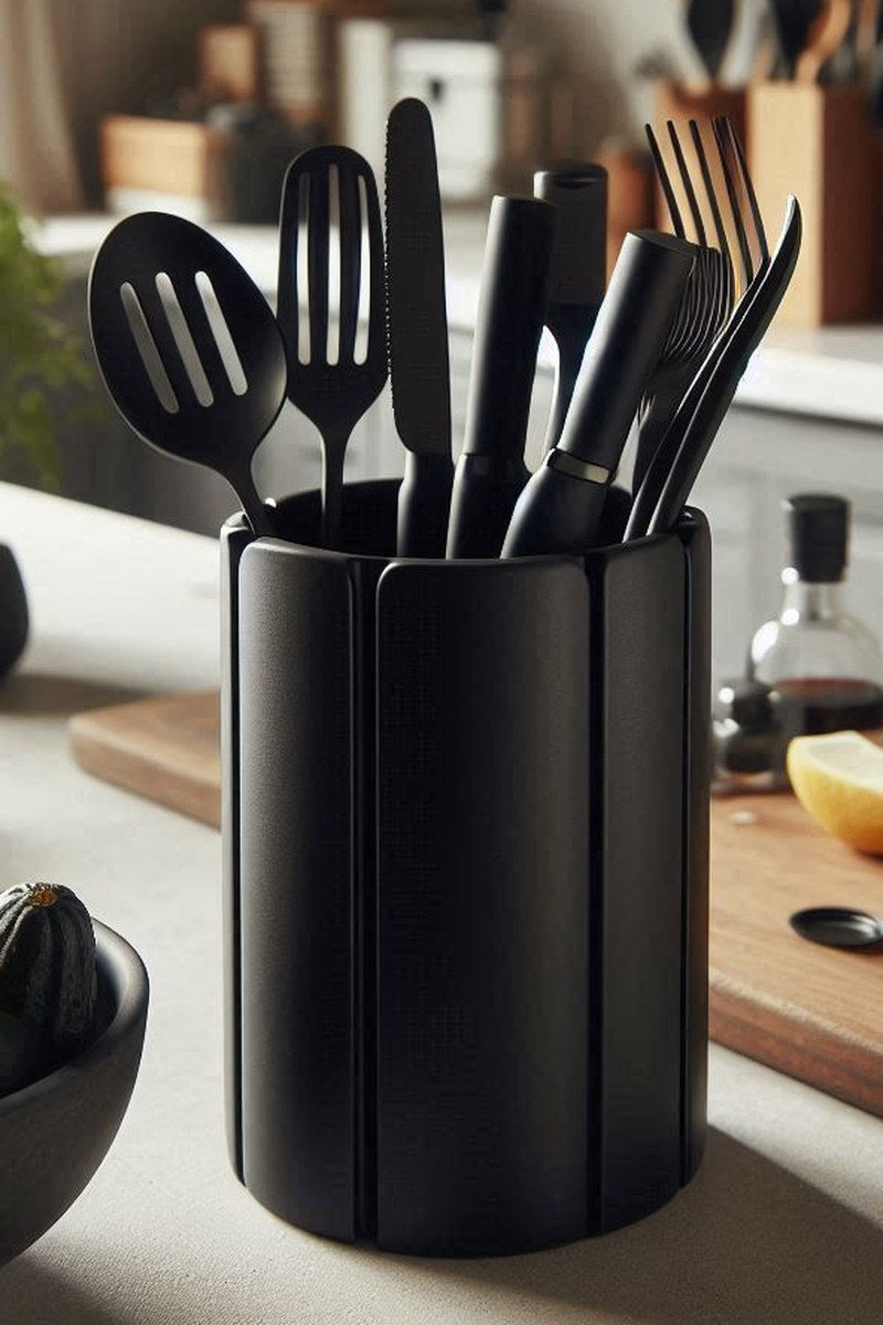 Närbild av en minimalistisk köksredskapshållare med 8 separata fack
