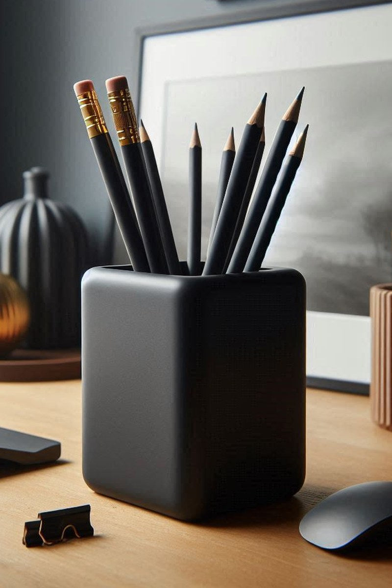 Närbild av en rundad minimalistisk pennhållare med mjuka kanter